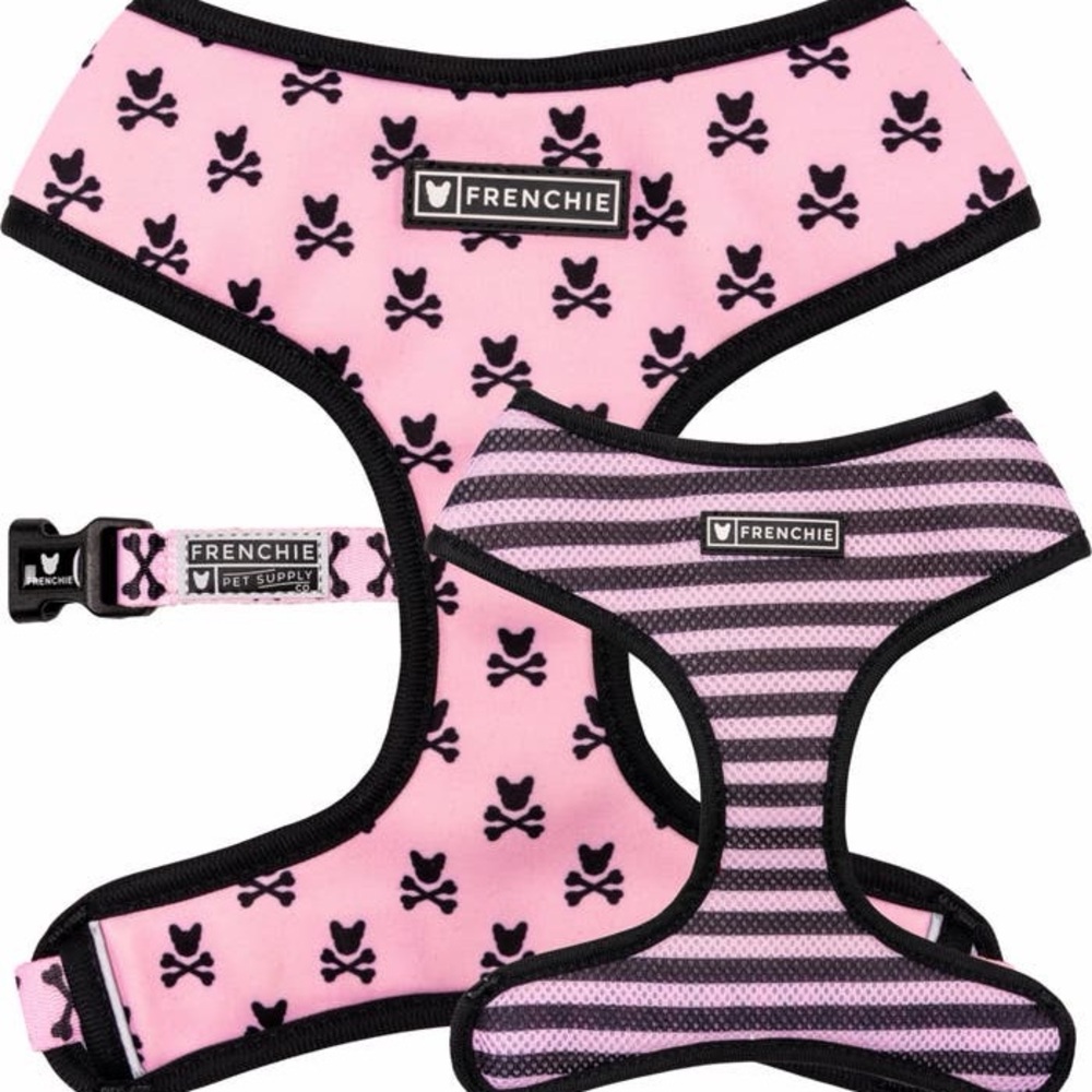 Frenchie Brand Pink Crossbones Duo Reversible Breathable Dog Harness M